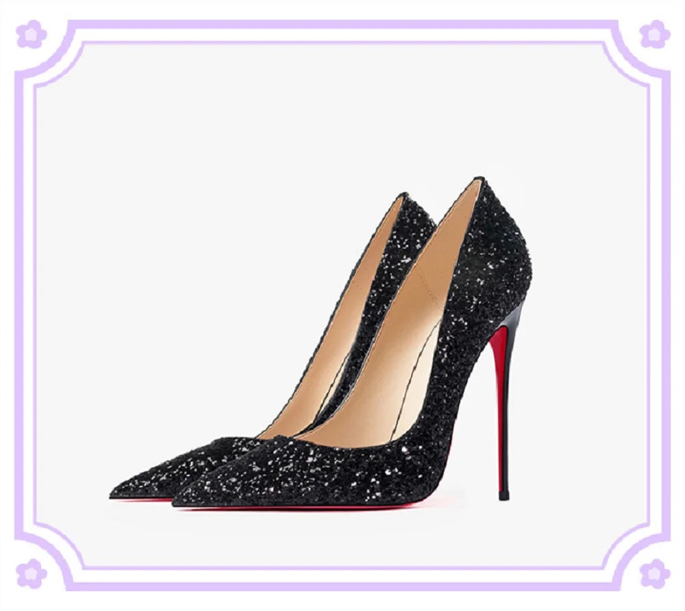 Escarpins à talons hauts noirs scintillants pour femmes, chaussures de soirée pointues et fines