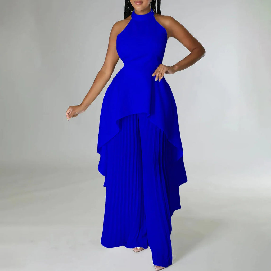 Elegant Tow Piece Set Women Outfit Backless Top Hundred Pleated Wide Leg Pants LADYLYS