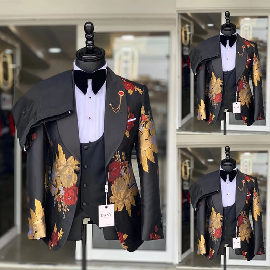 Tuxedos de mariage pour hommes, costumes à la mode, motif Floral, un bouton, châle, revers, personnalisé, 3 pièces