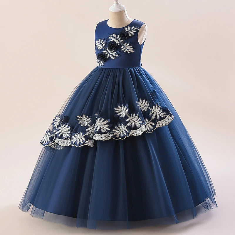 Robe de soirée brodée d'été pour filles, tenue de princesse avec nœud, motif floral, en Tulle