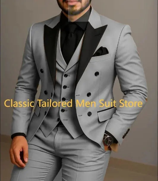 Beige Double Breasted Black Lapel  Slim Fit Wedding Suit LADYLYS