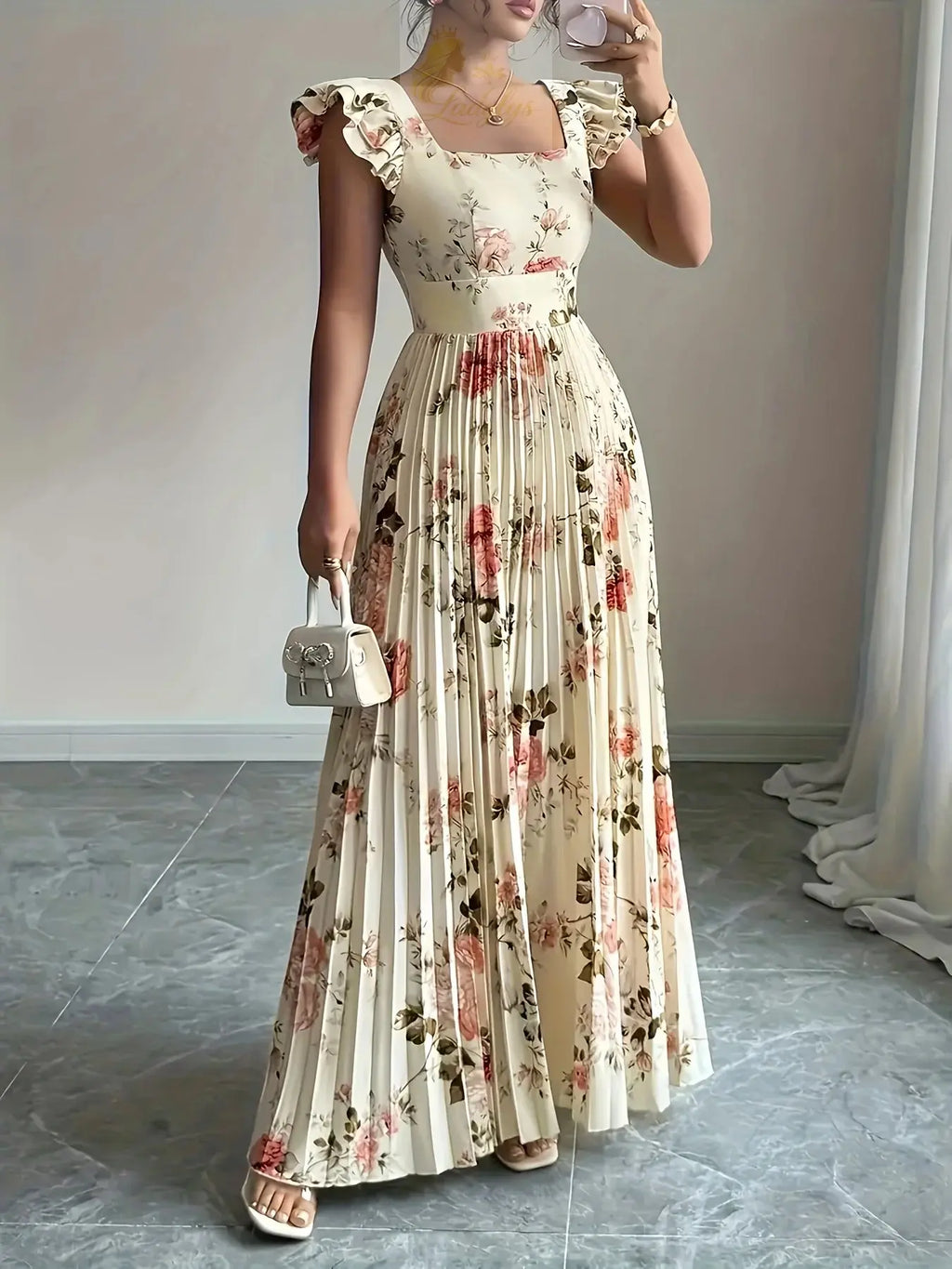 Elegant Beige Floral Pleated Midi Dress with Ruffle LADYLYS