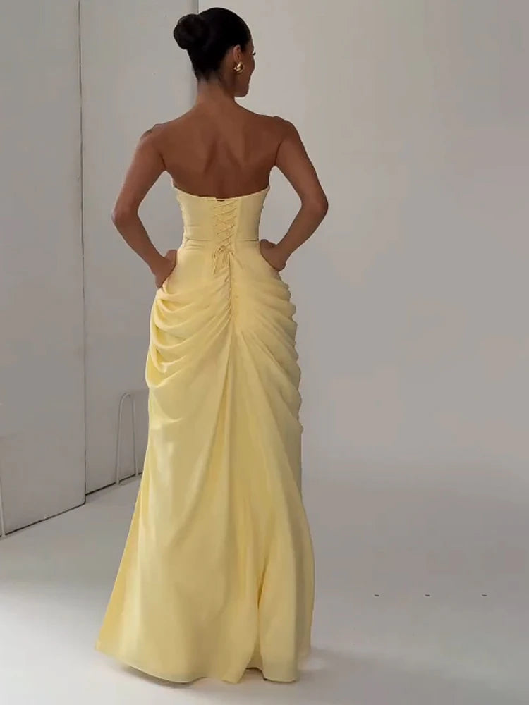 Sexy Solid Pleated Strapless Dress Lady Chic Off-shoulder Backless LADYLYS