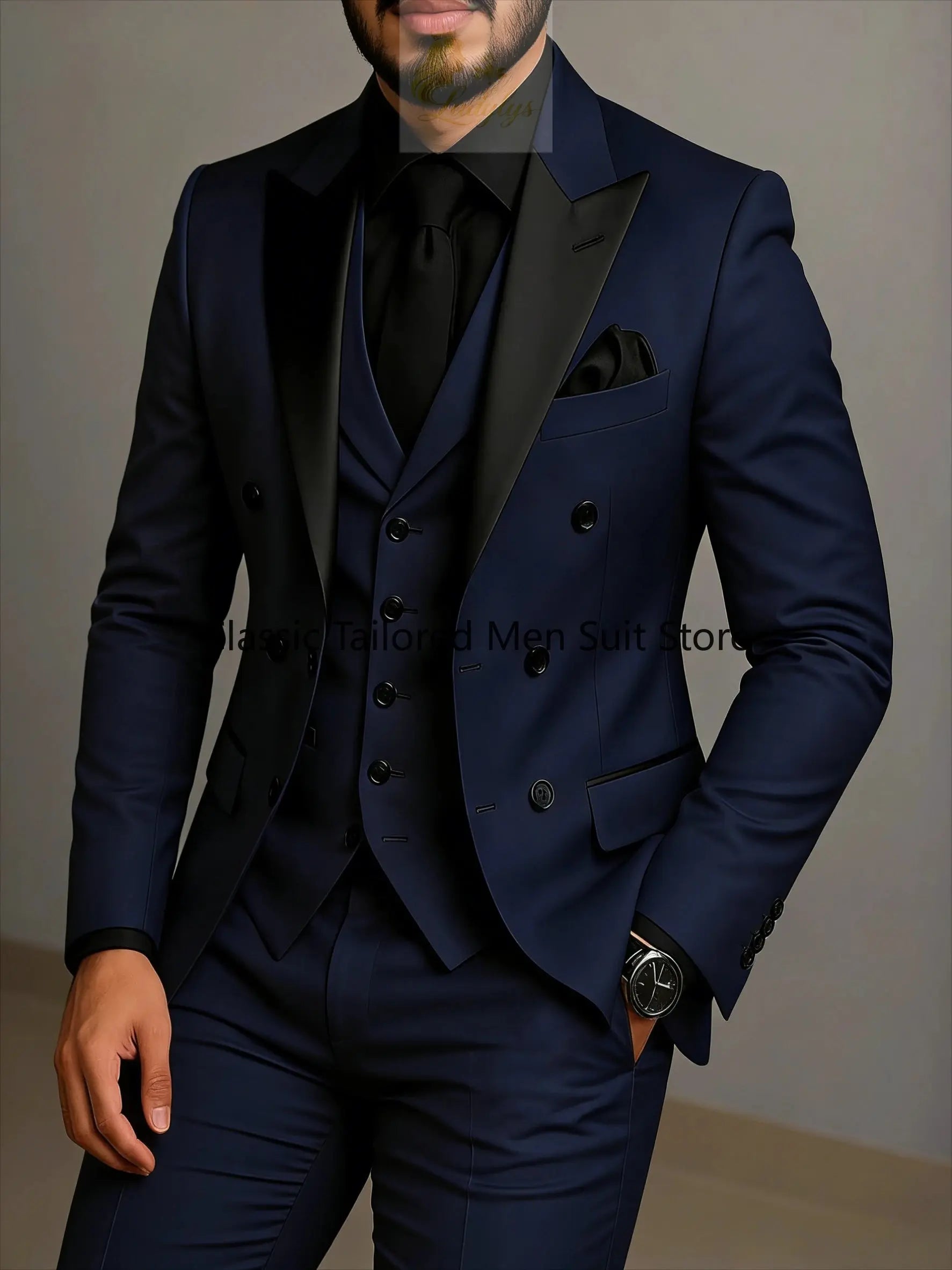 Beige Double Breasted Black Lapel  Slim Fit Wedding Suit LADYLYS