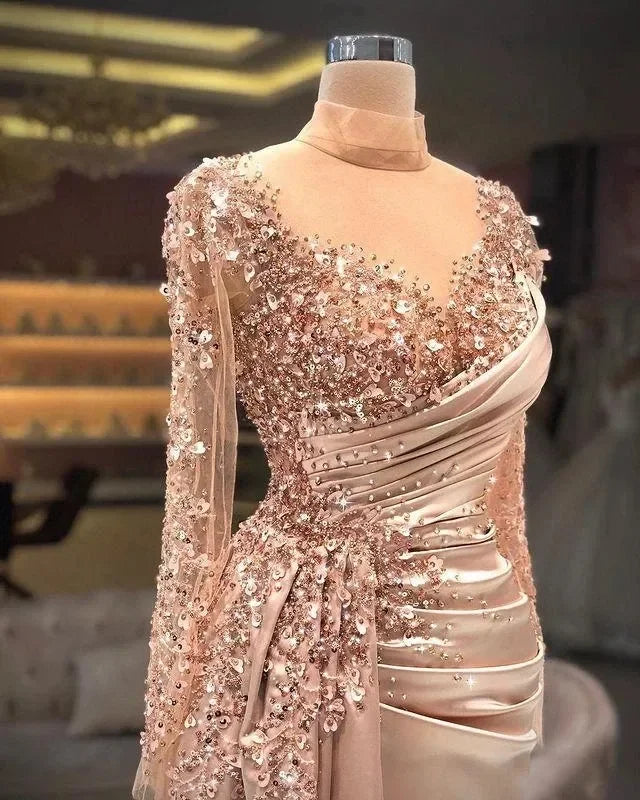 Robes De Bal Sheer Cou Perlé Paillettes Arabe Aso Ebi Luxueux Blush