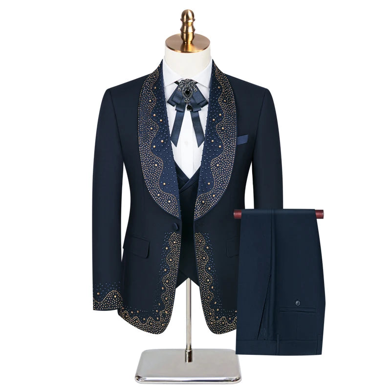 (Veste + Pantalon + Gilet) Costume de mariage de luxe pour homme à la mode noir / blanc / bleu style britannique Gentleman