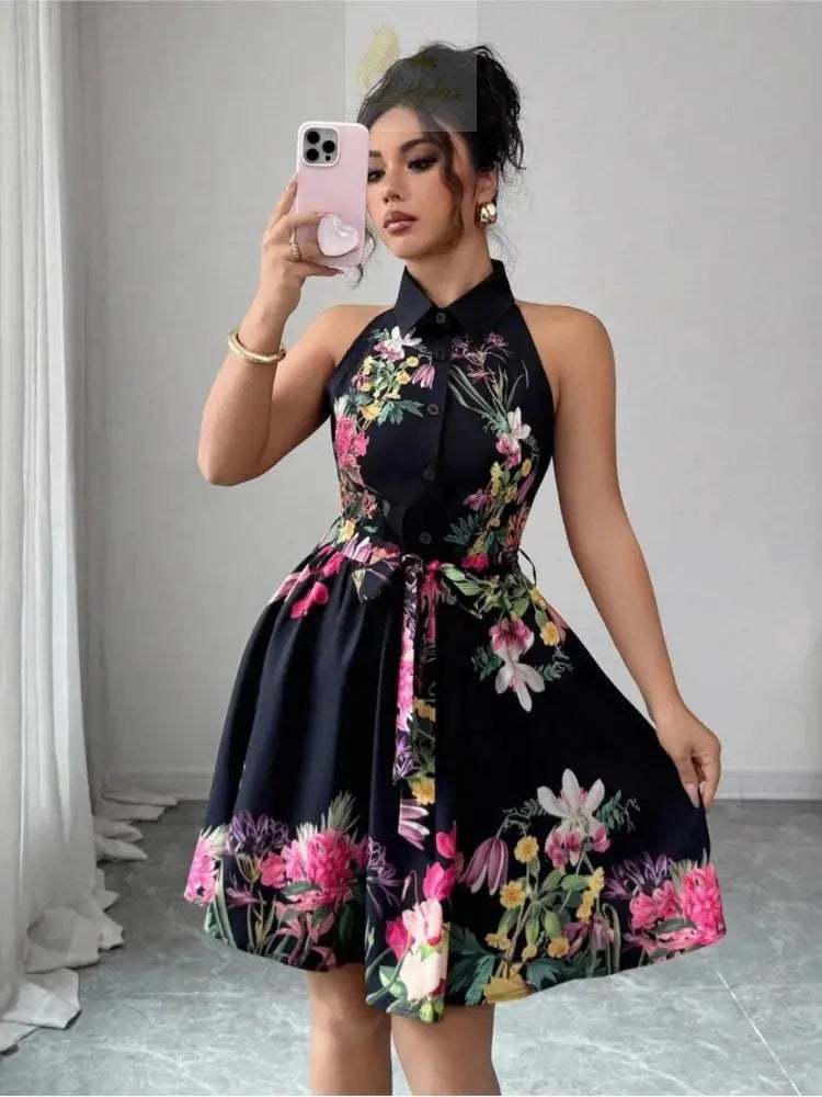 Printed Waist Halterneck Tie Dress Elegant LADYLYS