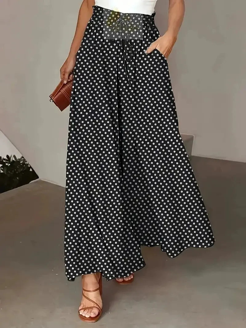 Bohemian Wide-Leg Pants with Elastic Waist and Polka Dot Print Long Skirt LADYLYS