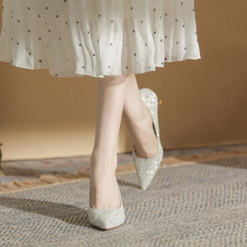 Chaussures de mariée de mariage, de demoiselle d'honneur à paillettes en cristal à talons aiguilles