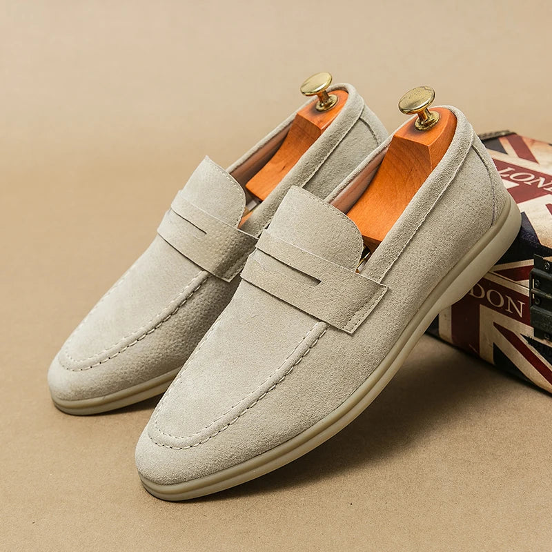 Chaussures en cuir suédé de haute qualité, style britannique, mocassins simples pour hommes, blanc cassé, semelles souples