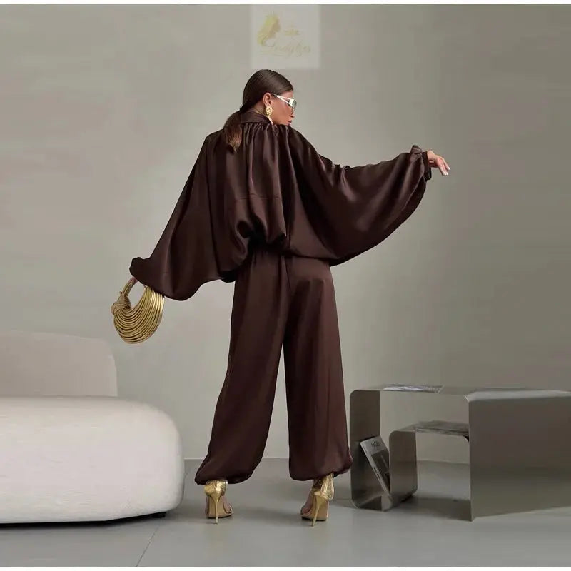 Casual Loose Pleated Shirt Pants Suit Women Solid Full Lantern Sleeve Zipper Shirts Wide Leg LADYLYS
