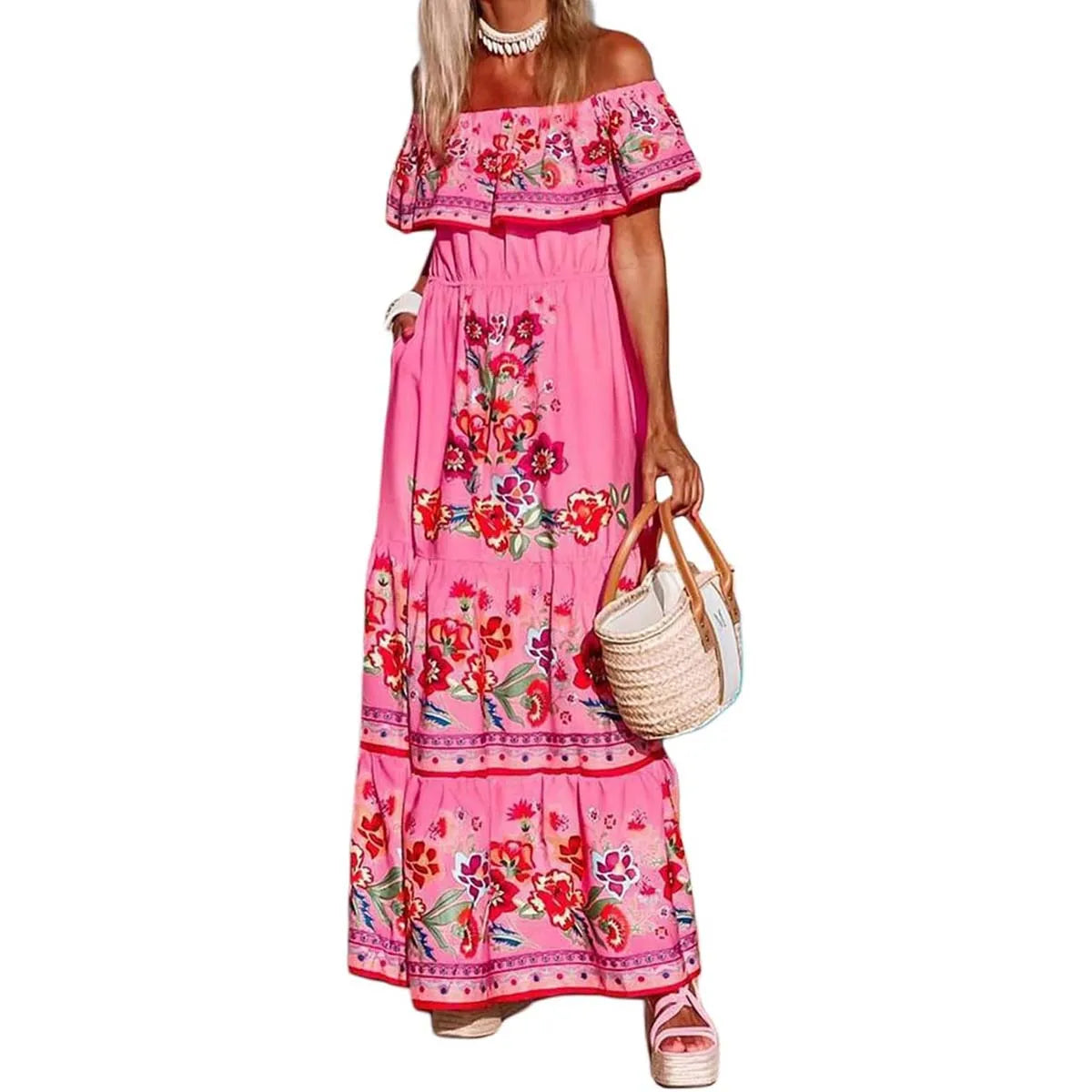 Ethnic Mexican Cinco De Mayo Summer Floral Print Off Shoulder Dress LADYLYS