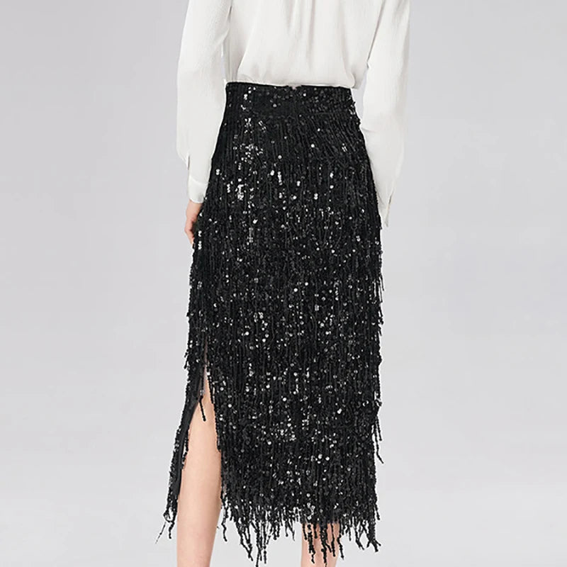 Fashion High Street Split Long Skirts Sparkling Tassel Spring Summer Women's Skirts Elegant Temperament Banquet Wrap Hip Skirt LADYLYS