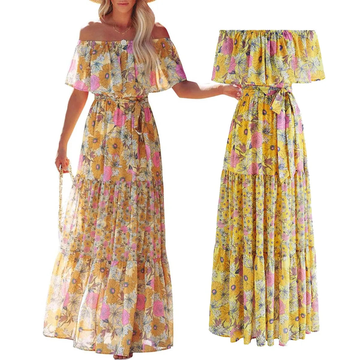 Ethnic Mexican Cinco De Mayo Summer Floral Print Off Shoulder Dress LADYLYS