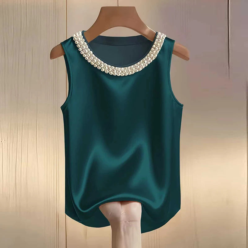 Elegant Satin Shirt Women Summer Bead Design Silk Blouse Women T-Shirts Fashion Loose Vest Women Tank Tops Fashion Lady Tee LADYLYS