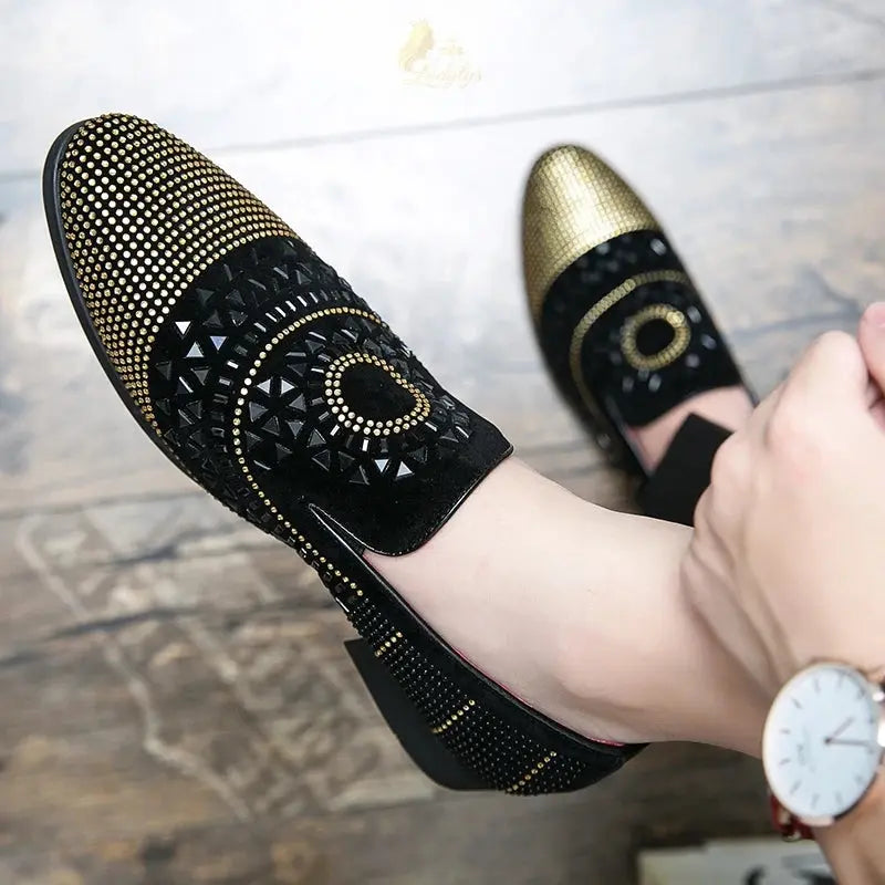 Noble brand black rhinestone men's dress shoes velvet crystal luxury loafers LADYLYS