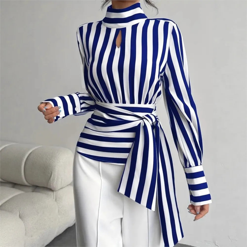 Fashion Trendy Women Black White Contrast Striped Shirt Autumn New Retro Scarf Collar Long-sleeved Elegant Female Pullover Shirt LADYLYS