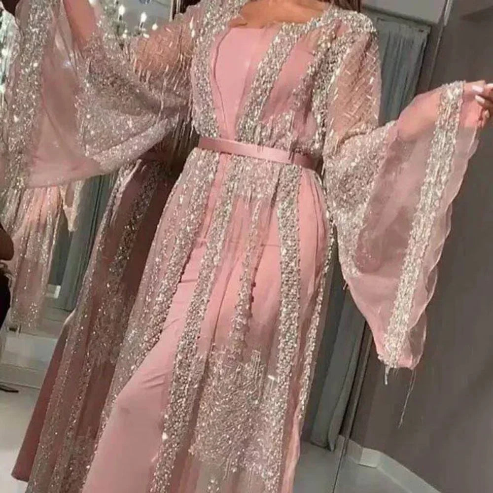 Sequined Maxi Dress with Belt, Large Swing Type, Loose Full Flare Sleeve, muslim Dress,  2 Pieces Set LADYLYS