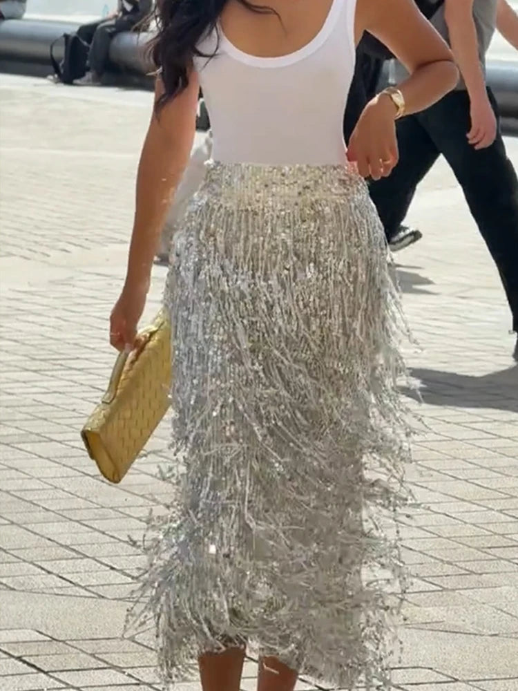 Fashion High Street Split Long Skirts Sparkling Tassel Spring Summer Women's Skirts Elegant Temperament Banquet Wrap Hip Skirt LADYLYS