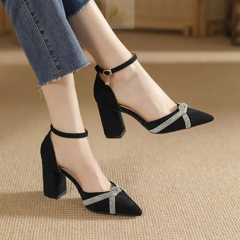 Chunky Heel Hollow Point Toe High Heels Women Shoes Solid Color Ankle Strap Rhinestone Black Heels LADYLYS