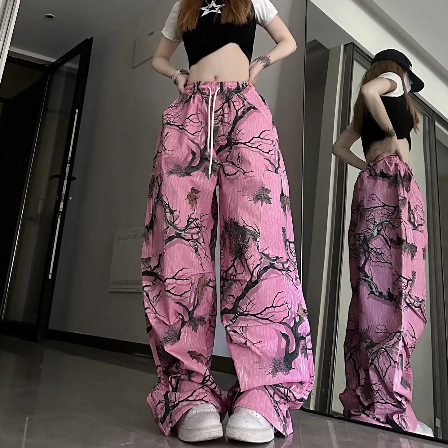 Pantalon décontracté à imprimé graffiti rose 2k pour femme, pantalon large et amusant, taille haute