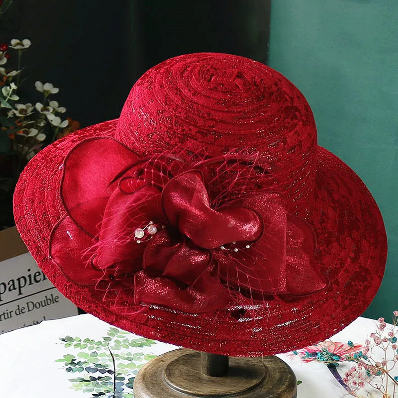 Elegant mesh pearl flower sun hat, foldable LADYLYS