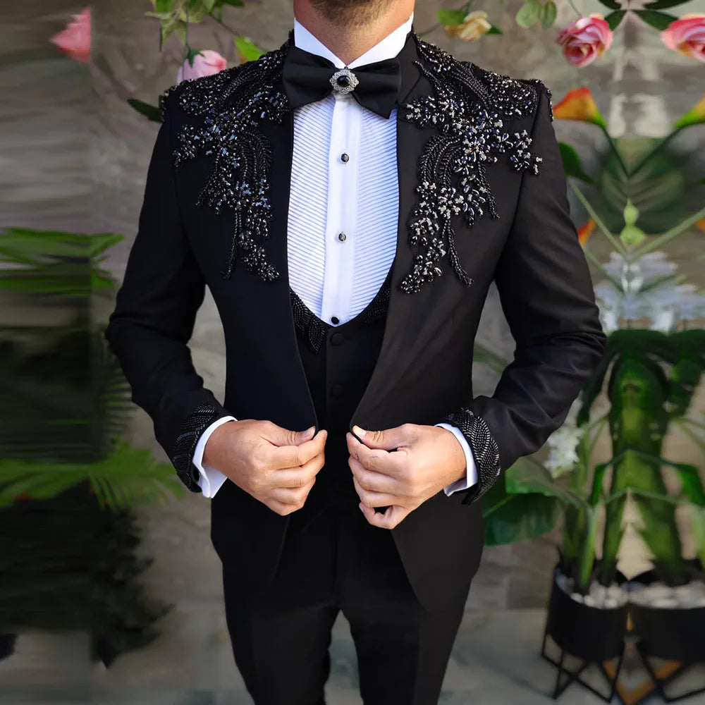 Costume de soirée formel pour homme, smoking de mariage, avec perles noires et pierres précieuses