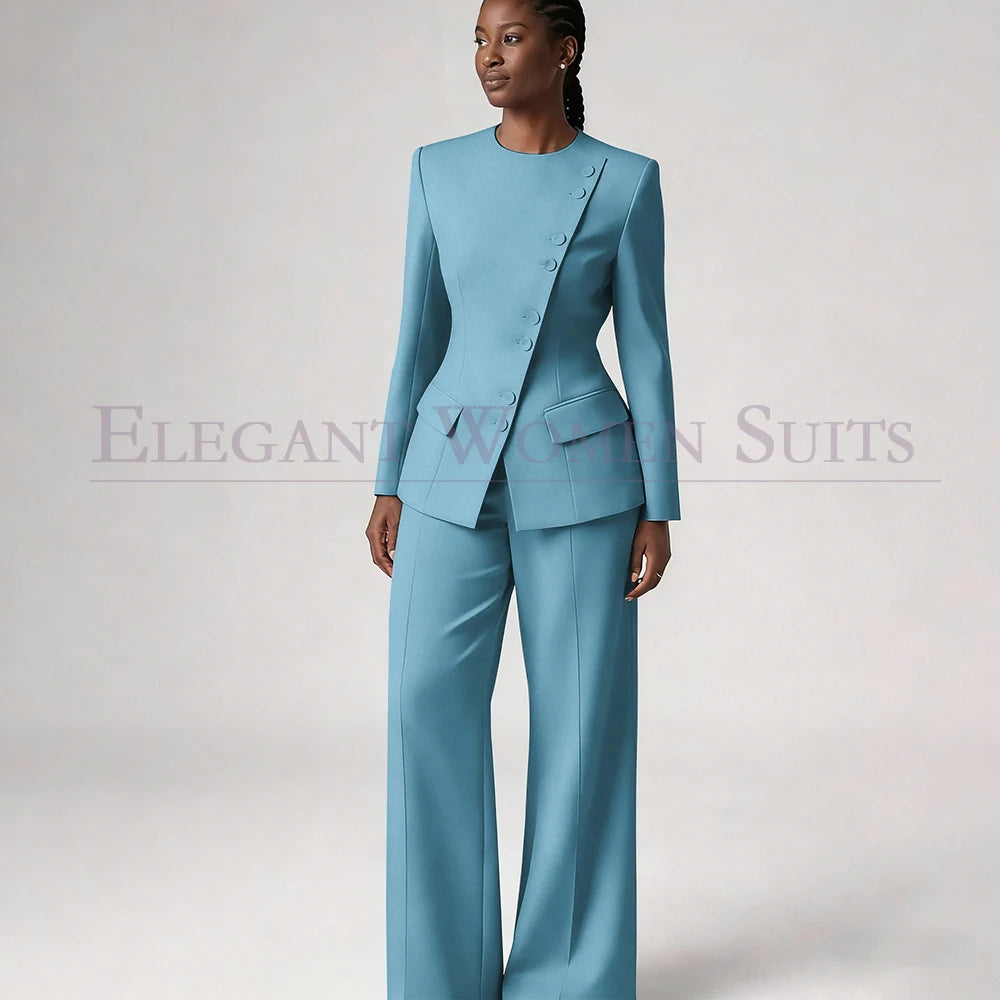 Single Breasted Women's Suits Blazer Luxury O-neck Regular Length 2 Piece LADYLYS
