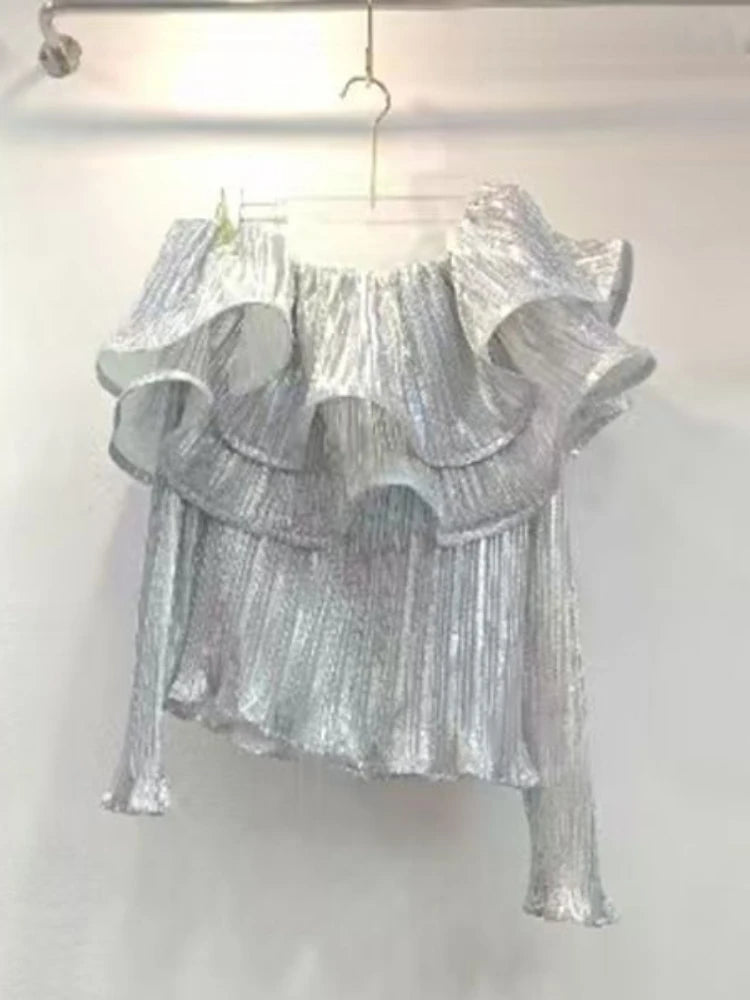 Camisas Solid Slash Neck Ruffled Long Sleeve Sexy Shirts Vintage Blouses