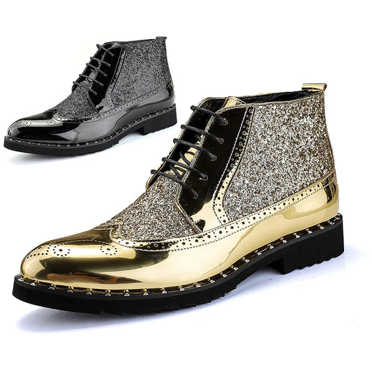 Bottines de luxe à bout pointu en métal pour hommes, à lacets, en cuir, à paillettes