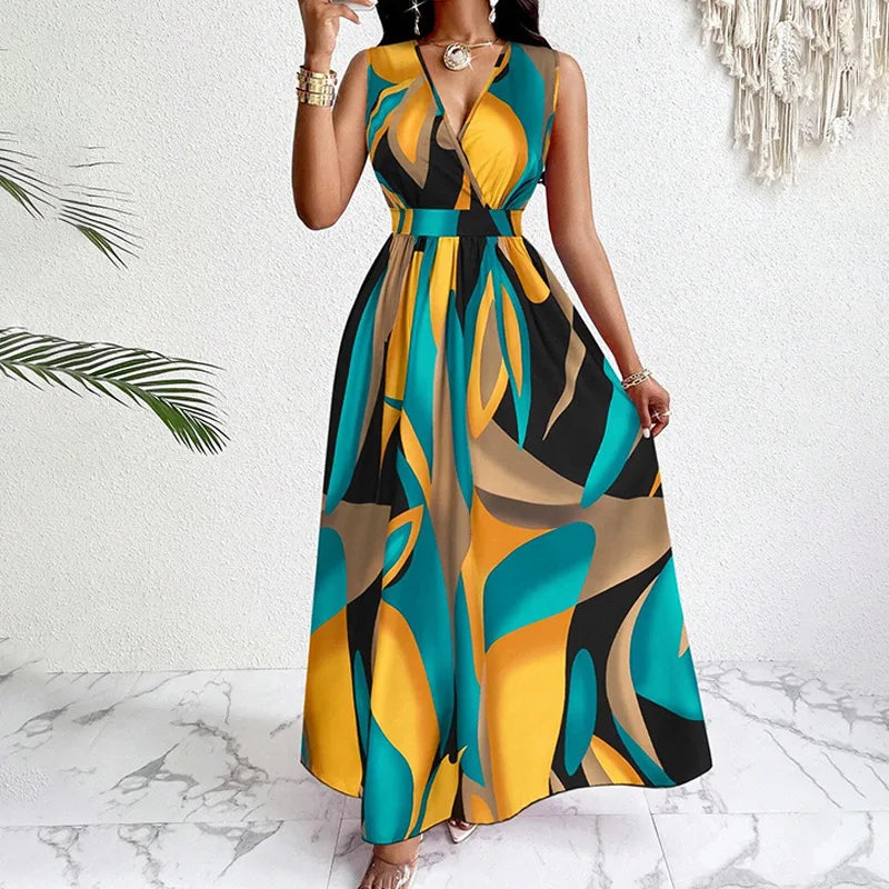 Temperament Printed Waist Cinching Dress, Summer V-neck Elegant LADYLYS