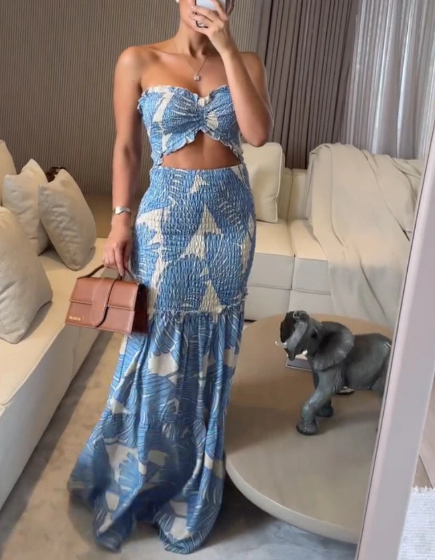 Tropical Print Drawstring Ruched Shirred Frill Trim Bandeau Vacation Dress Cinched LADYLYS