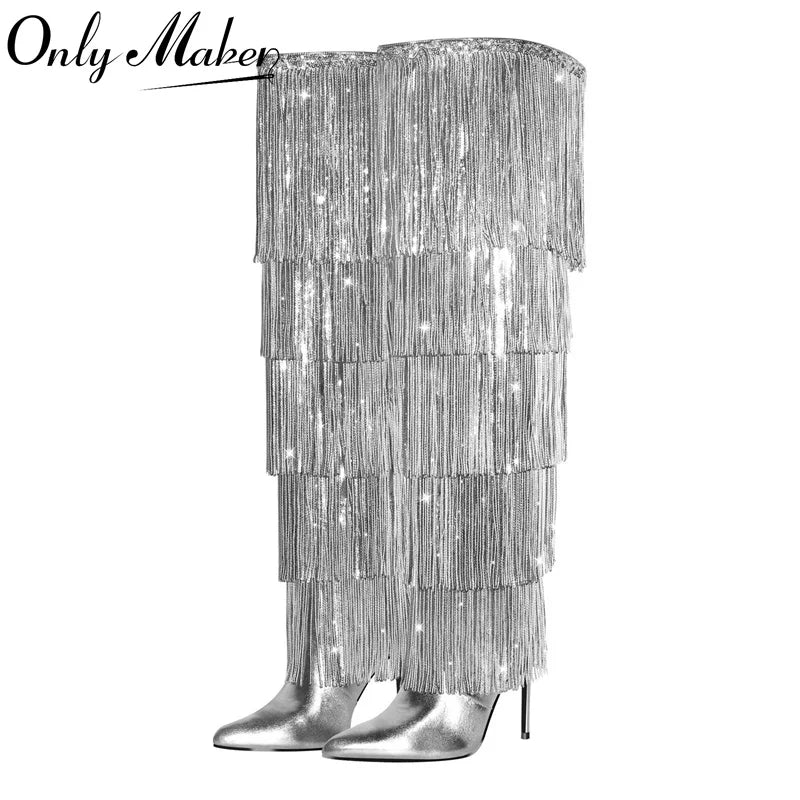 Onlymaker argent bout pointu frange métallique mince sur le genou bottes