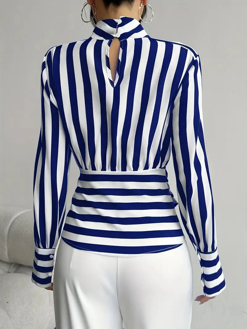 Fashion Trendy Women Black White Contrast Striped Shirt Autumn New Retro Scarf Collar Long-sleeved Elegant Female Pullover Shirt LADYLYS