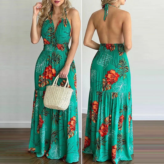 Robe longue d'été style bohémien, motif Floral, décontractée, Sexy, dos nu, col licou, sans bretelles