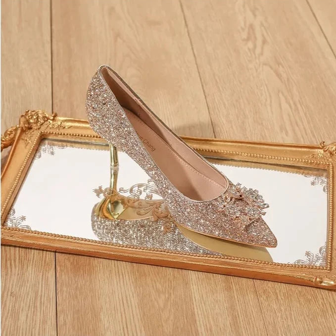High Heel Shoes Fad Elegant Crystal Pointed Toe Pumps Retro Shallow LADYLYS