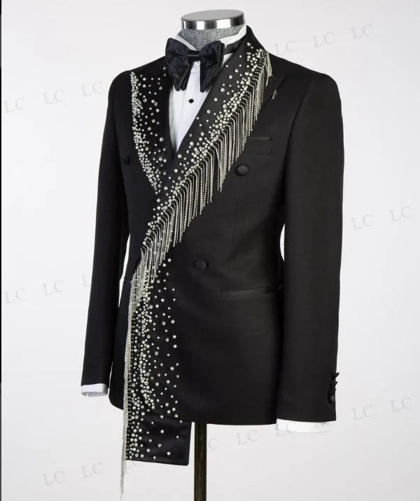 Costume 2 pièces pour homme, blazer à revers pointu, diamants, perles, pompons grande taille, sur mesure