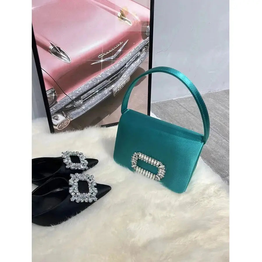 Luxury Diamond Square Button Evening small Bag Clutch Purses Satin Rhinestone LADYLYS