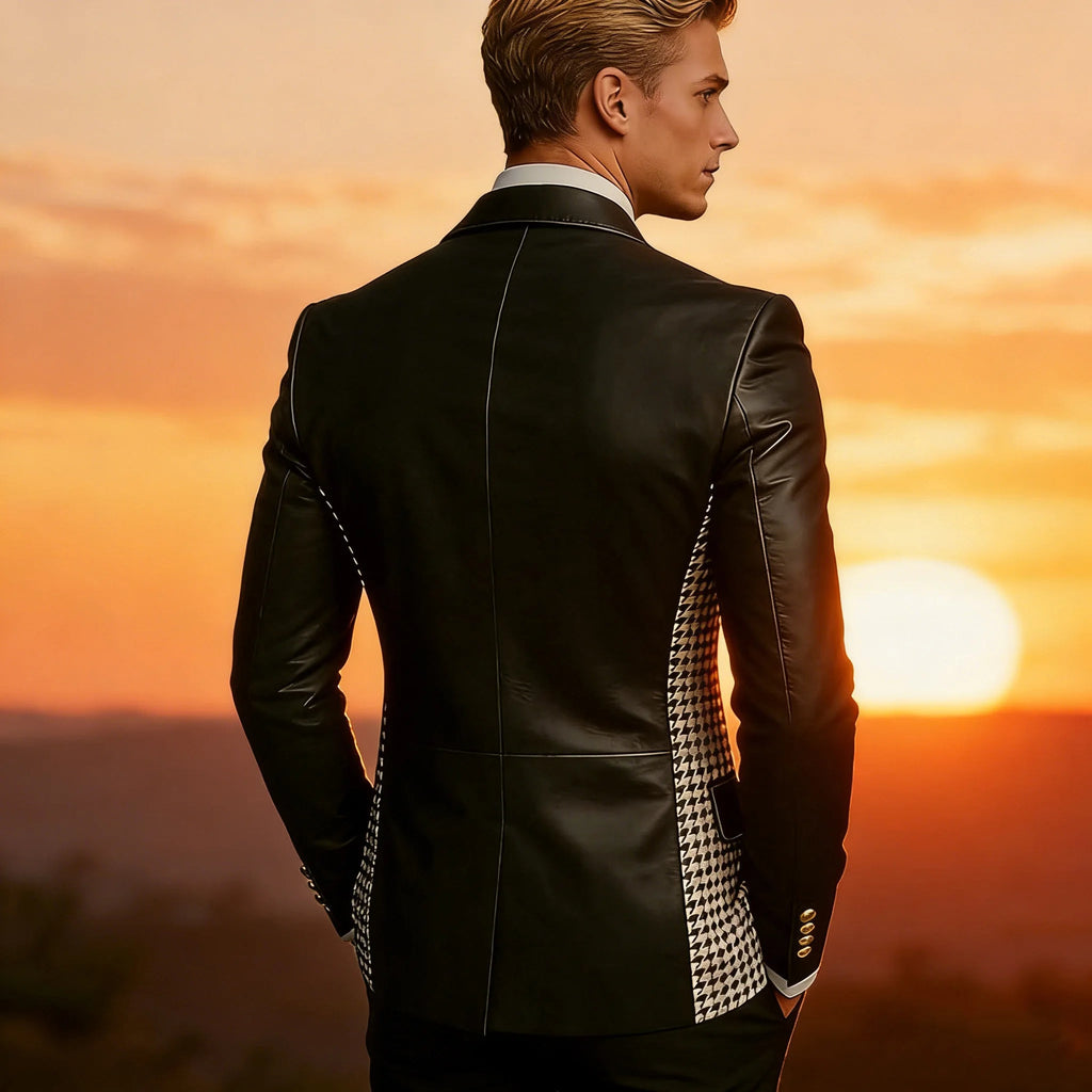 Leather Blazer With Houndstooth Sides Vintage Two-Tone Double Breasted LADYLYS
