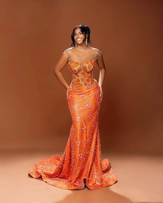 Robes de bal sirène orange perles cristaux paillettes soirée formelle