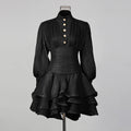 Solid Spliced Ruffles Dress Female Stand Collar Long Sleeve Loose French Elegant LADYLYS