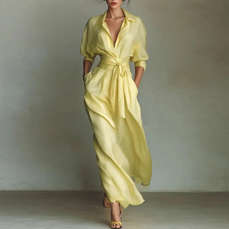 Bohemian Elegant Lace-up Turn-down Collar Hollow Spring 3/4 Sleeve Pocket Maxi Dress LADYLYS