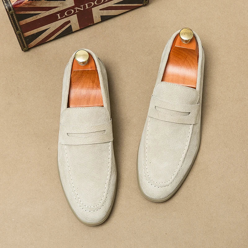 Chaussures en cuir suédé de haute qualité, style britannique, mocassins simples pour hommes, blanc cassé, semelles souples