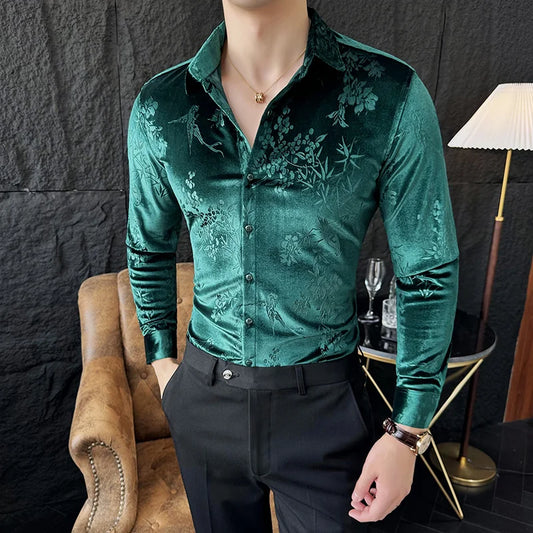 Chemise en velours de luxe pour hommes, Printemps Slim