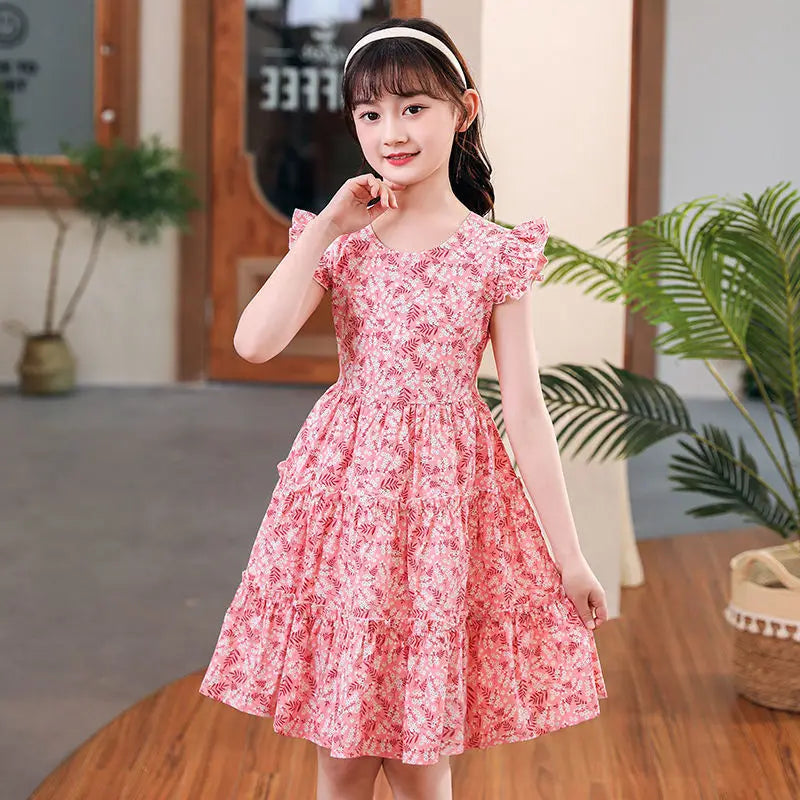 Robe d'été rose à manches volantes pour adolescentes, vêtements floraux en dentelle 5 6 7 9 10 12 14 ans