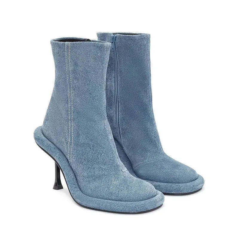 Blue Denim Short Boots High Heel Thick Sole Round 35-43 LADYLYS