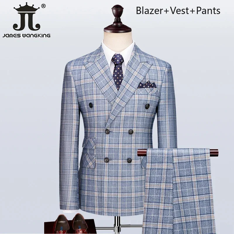 Men's Formal Suits 3 Piece Set British Plaid Style (Blazer + Vest + Trousers) LADYLYS