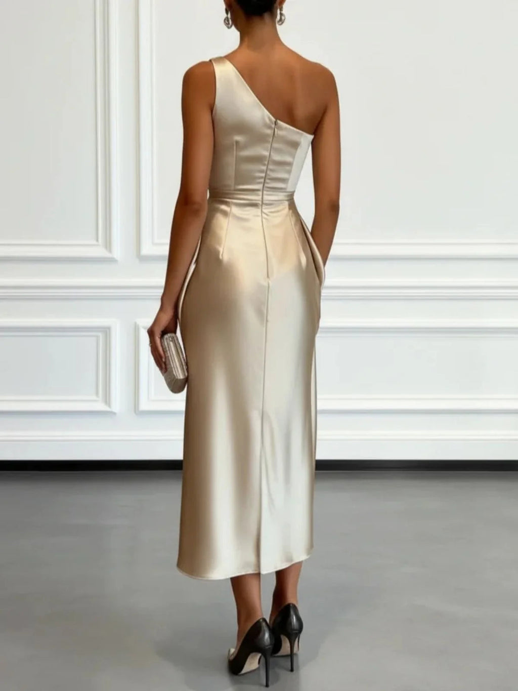 One Shoulder Satin Midi Dress With Ruched Waist Elegant LADYLYS