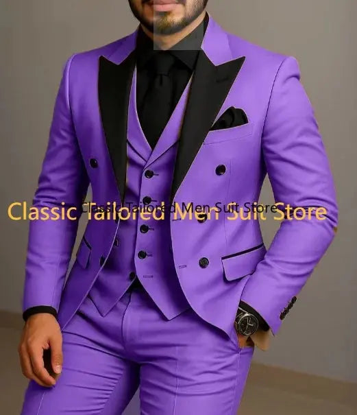 Beige Double Breasted Black Lapel  Slim Fit Wedding Suit LADYLYS
