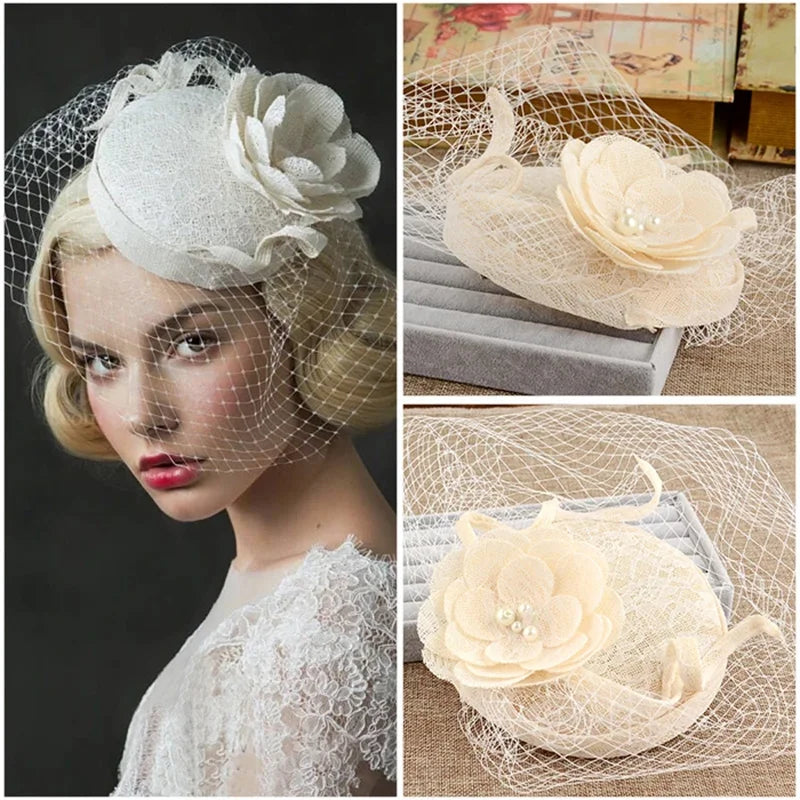 Vintage femmes dentelle chapeau de mariage fleurs maille visage voile perle fascinateur